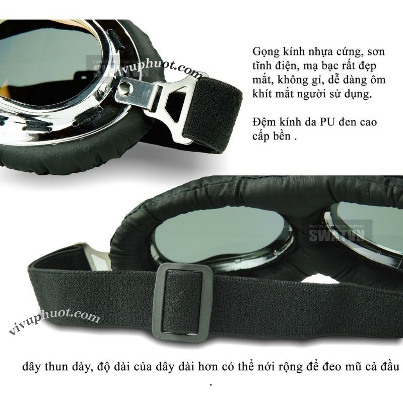 Kính Phi Công Cho Mũ 1/2 và 3/4 Gọng Bạc