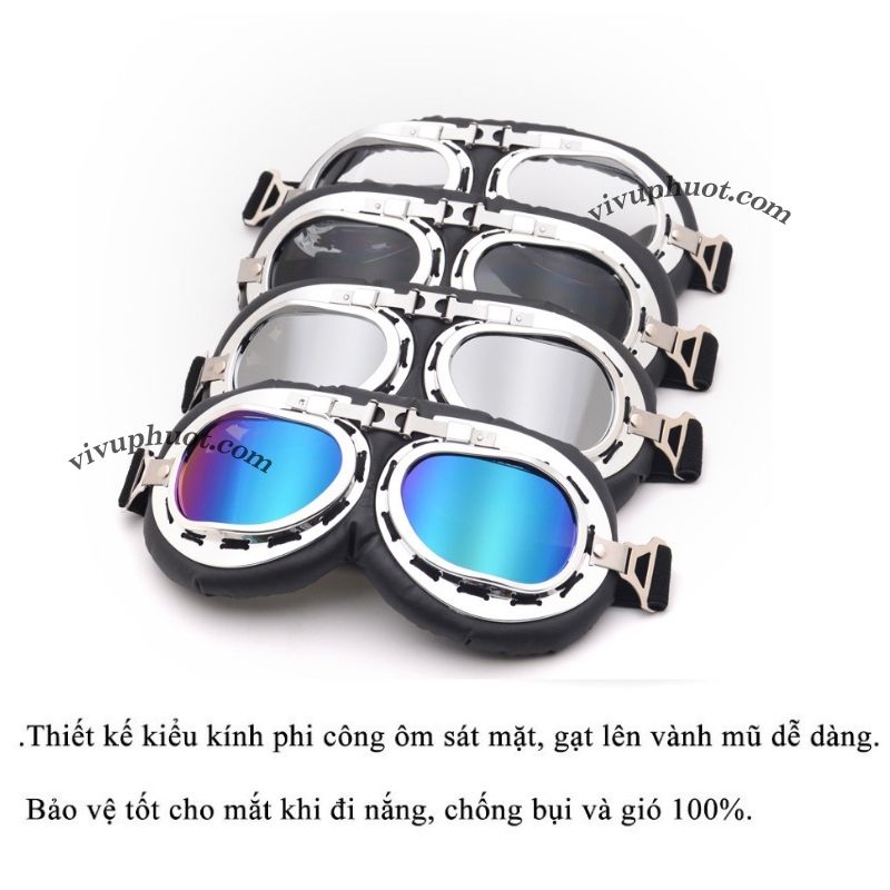 Kính Phi Công Cho Mũ 1/2 và 3/4 Gọng Bạc