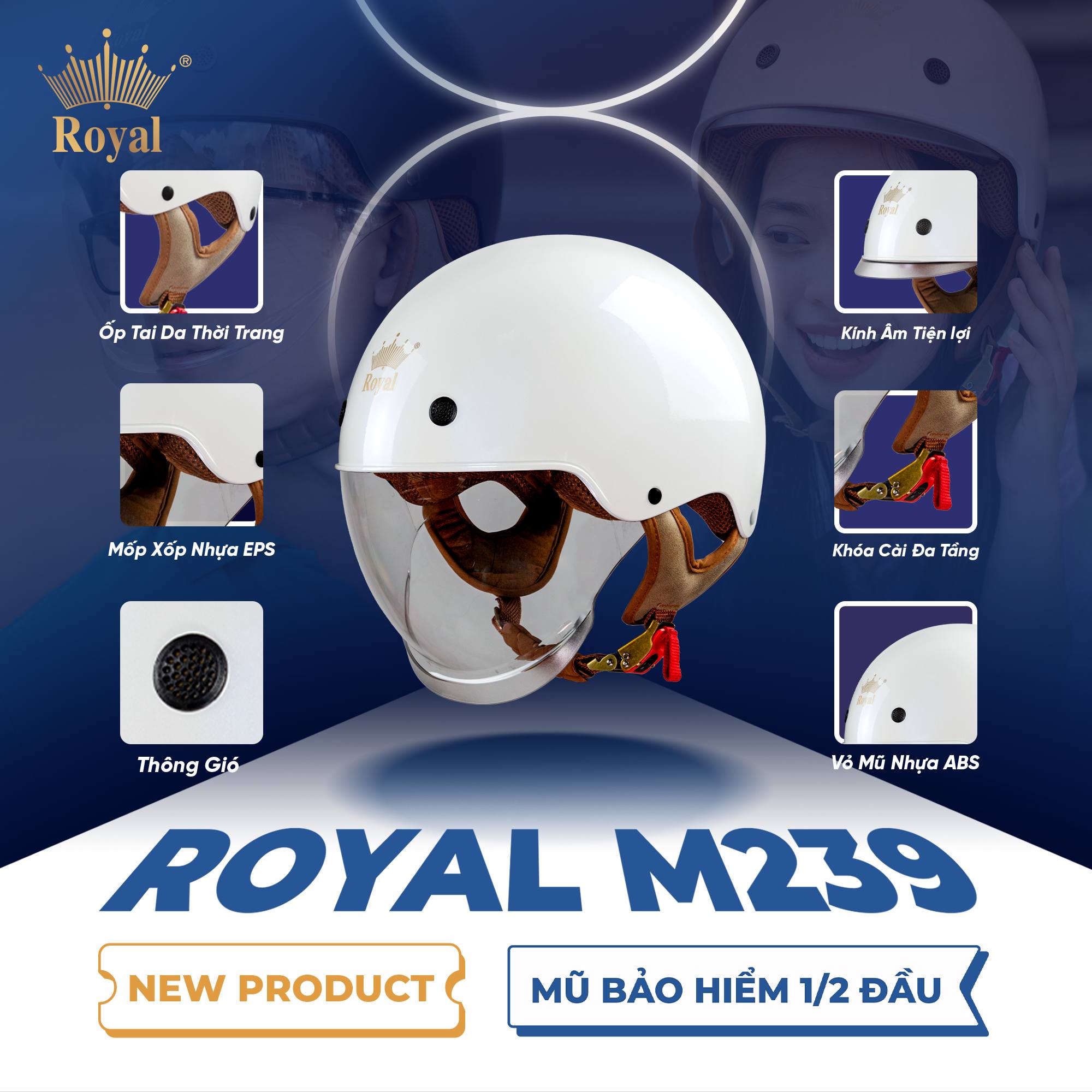 Mũ Bảo Hiểm 1/2 Royal M239 Kính Âm